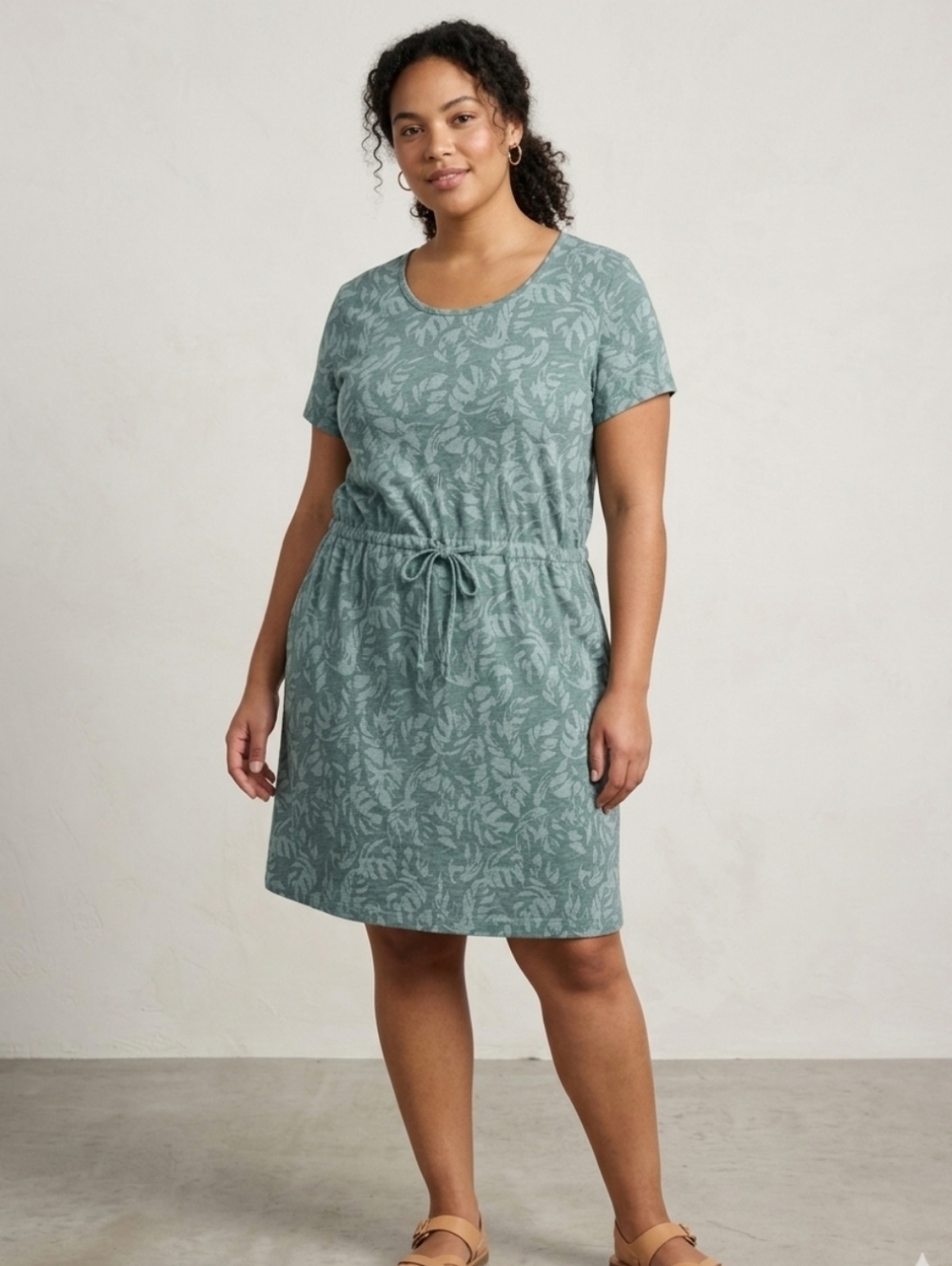 L.L.Bean Leaf Print Short Sleeve Drawstring Dress - Sage Gray